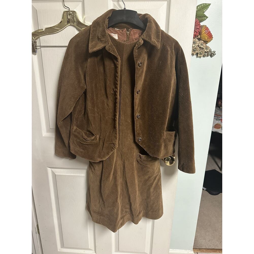 60s 70s Corduroy Dress Jacket Set Majestic Small 36w Brown Mod Grunge A Line